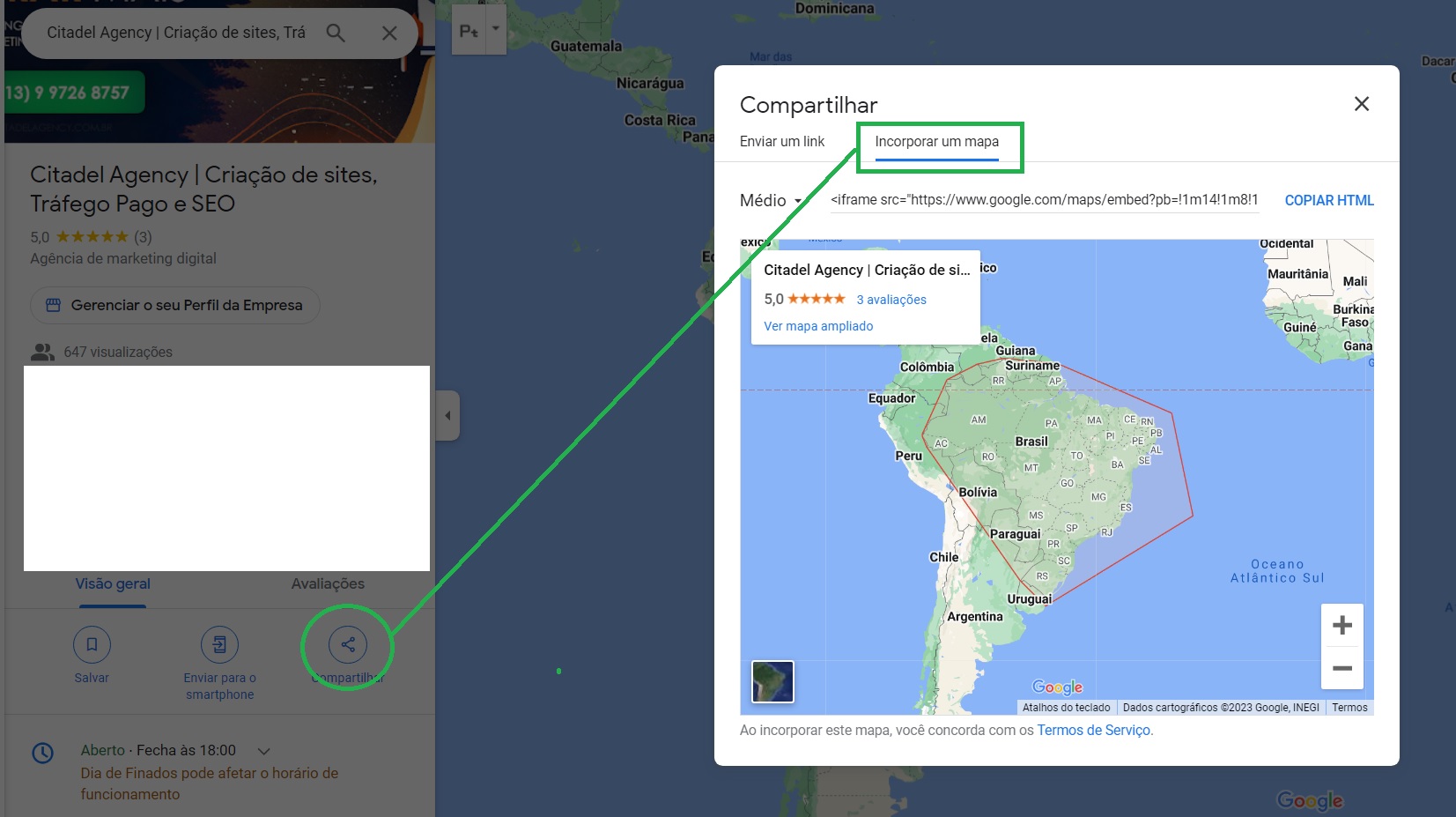 A captura de tela mostra o perfil do Google Meu Negócio (Google Empresas) da agência Citadel, com o circulo verde contornando o botão de compartilhar e o botão de incorporar mapa. 